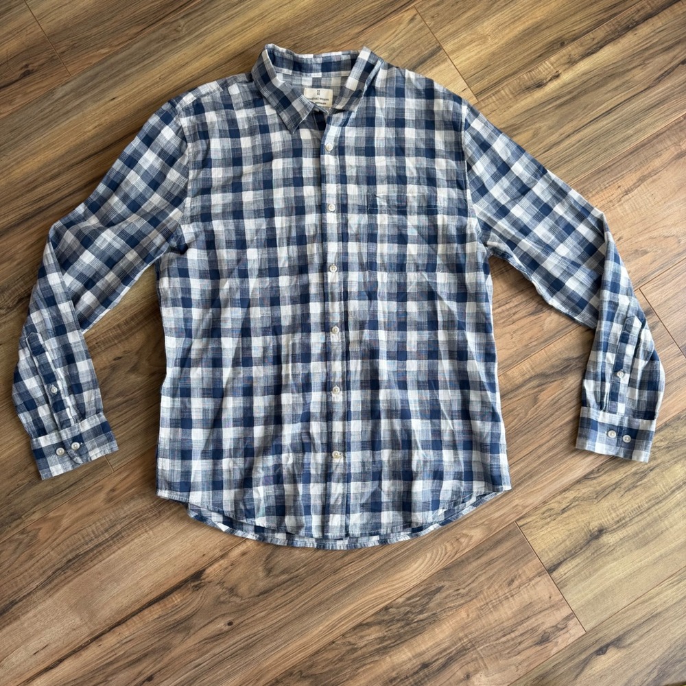 Beach Lightweight Button Down Shirt Mens L Blue Buffalo Check Plaid Mutual Weave